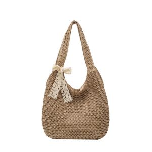 GBSDN with Ribbon Woven Tote Bag Breathable Hollow Out Summer Beach Handbag Shoulder Bag Beige Shopping Straw Bag Female