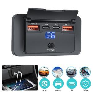 Waterproof 12V/24V USB Outlet with Power Switch Double Fast Charging Ports Motorcycle USB Adapter for Car Marine Vehicles