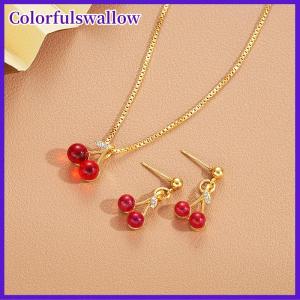 Colorfulswallow Anh đào màu đỏ mặt dây chuyền vòng cổ Stud Bông tai thiết lập của phụ nữ thời trang trái cây Vòng cổ bông tai jewery thiết lập cho bữa tiệc cưới cô gái Quà Tặng