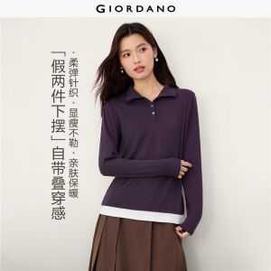 GIORDANO Women Polo Shirts Fake Two-Piece Polo Shirts Stand Collar Long Sleeve Fashionable Casual Slim Polo Shirts 13316605