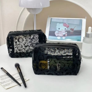 BAIXL Portable Kitty Mesh Makeup Bag Lightweight KT Cat Transparent Mesh Cosmetic Bag Korean Ins Style Zipper Cosmetic Cases Bathroom