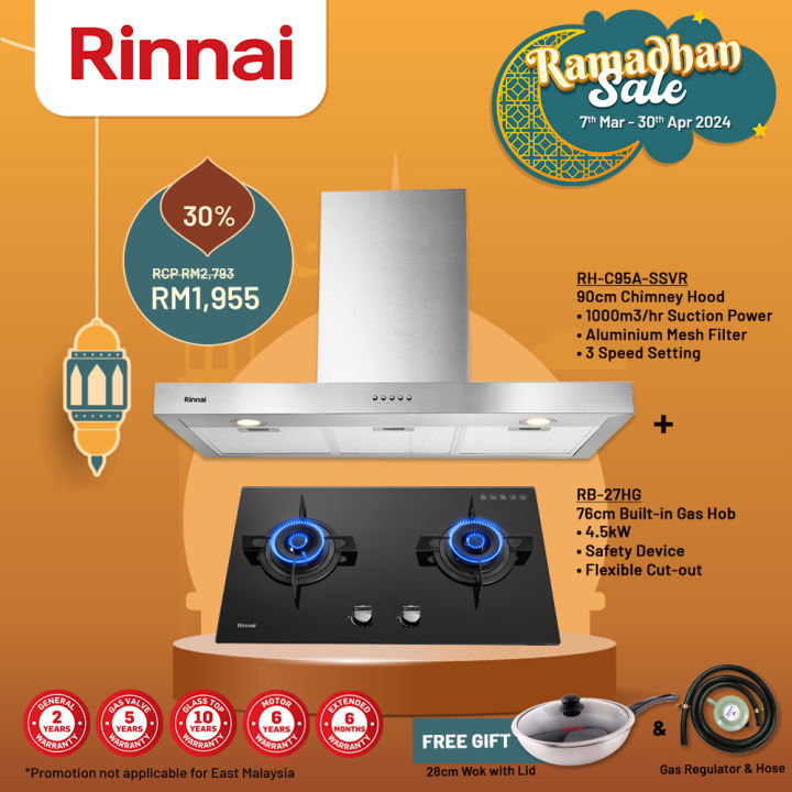 Rinnai ePackage RHC95ASSVR 90cm Cooker Hood + RB27HG 76cm Builtin