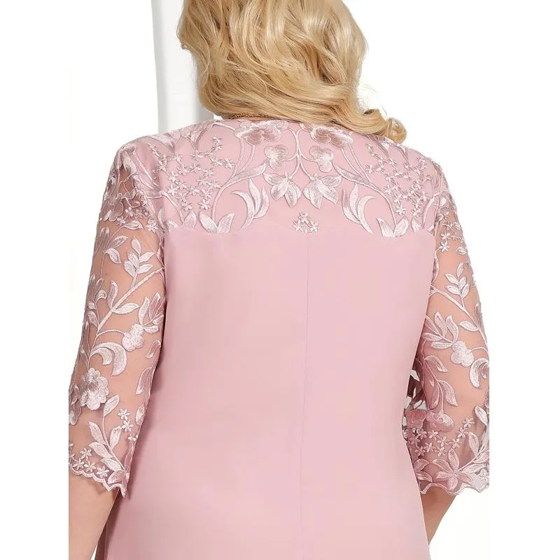 Plus Size L-5XL Women Lace Dress Loose Midi Knee Length Spring