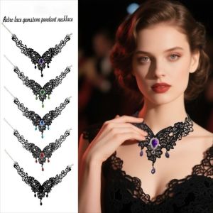 LAOO หินประดับ สร้อยคอดอกไม้ลูกไม้ พู่ จี้ สร้อยคอฮาโลวีน แฟชั่น นิวเมกา สร้อยคอคลาวิเคิลฮาโลวีน ผู้หญิง