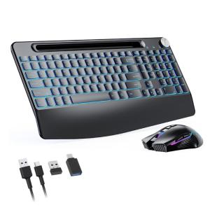 2.4ghz Wireless Keyboard Mouse Set Type C Charging Port 7 Backlights Mode AntiShake Function Wireless 10M Working Ranges