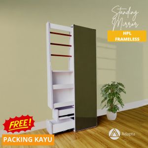Kaca Standing Mirror HPL Rak Hijab Cermin Frameless - Standing Mirror Rak Hijab Laci Dua Rell Doubletrack- Standing Mirror Rak Hijab Minimalis  Aestetic