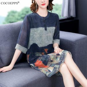 COCOEPPS Printed Stitching Womens Dress 2023 Summer New Women Dress Elegant Long Skirt