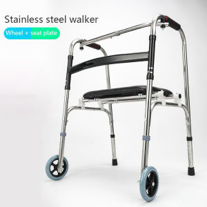 【Local Delivery】Foldable Stainless Steel Walker chair sitting safety lock Walking Adjustable Frame Medical Walking support tools Curve Handle Lightweigh Walker 2 in 1 Foldable Walking Sticks Adjustable