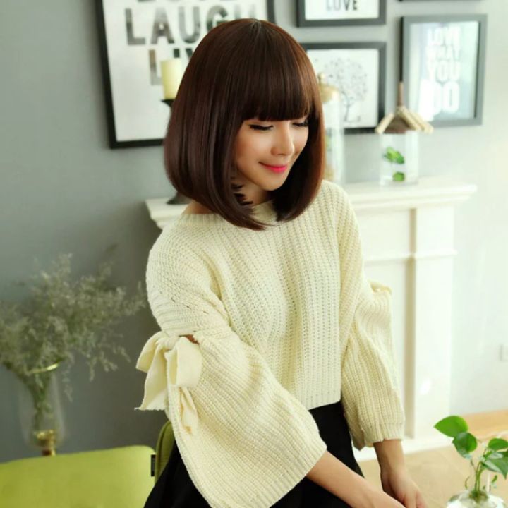 (สีดำ)วิกผมสั้น แบบตรงปลายงุ้มเข้าทรง หน้าม้าสไลด์บางสไตล์เกาหลี