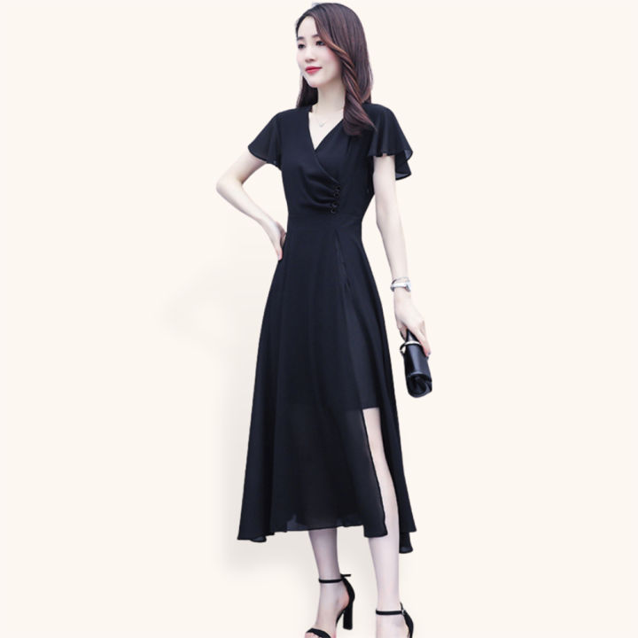 Midi Dress lengan pendek sifon Wanita Gaya Korea Model terbaru - Dyah(L9K2)  Elegan Dress Korean Pendek