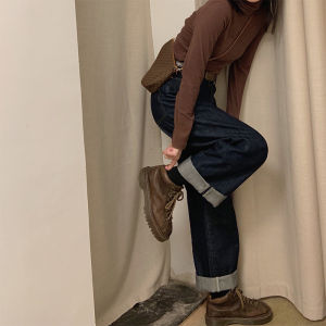 aliins Quần Bò Ống Đứng Cổ Điển Phong Cách Hồng Kông Quần Dài Ống Rộng ỐNg RộNg Tôn Dáng Rộng Cạp Cao Học Sinh Phong Cách Hàn Quốc Thu Đông Cho Nữ