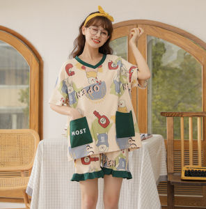 Piyama Wanita Import Pendek Bahan Katun Premium Setelan Baju Tidur Kelinci Krem  Size M-XL