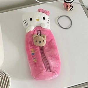 Hello Kitty Plush Kawaii Pencil Case Large Capacity Storage Box Cute Cartoon Cosmetic Bag Office Back To School Supplies Student Stationery