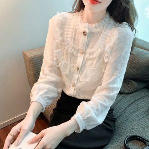 2022ใหม่เสื้อลูกไม้ผู้หญิงใบบัวแขนยาวเสื้อ Bottoming ด้านบนเสื้อเก๋สวยงามเสื้อ