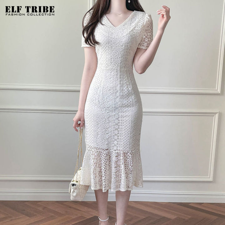 ELF TRIBE White Lace New Slim V-neck Temperament Fishtail Package Hip Dress  for Women Short Sleeve Plus Size Dress Korean Style Casual Dress - Lazada |  Lazada PH