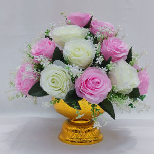 พานพุ่มดอกไม้สีชมพู พานสักการะ พานไหว้พระ พานโต๊ะหมู่บูชา พานไหว้สิ่งศักดิ์สิทธ์ พานดอกไม้ไหว้ครู พานดอกกุหลาบ