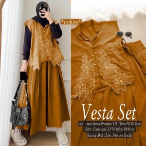 Setelan Wanita Dewasa Jumbo Vesta Set WD Linen Rami Aplikasi Bordir M L XL XXL 3XL Oneset Kondangan Elegan Kekinian Ootd Remaja Hijab Vest Rompi Muslimah Terbaru Viral