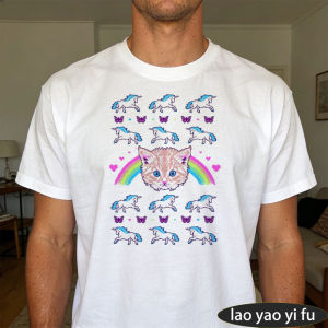 [Local Stock] HBESTY  Pixel Cat Unicorn Butterfly Rainbow Heart Men Summer Cotton T Shirt Retro Pixel Kawaii Graphic Casual Daily Holiday Wear Top