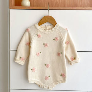 0-2Yrs Baby Girl Knitted Romper Floral Embroidery Ruffled Collar Long Sleeve Spring Autumn Toddler Jumpsuit Girl Knitted Romper2026