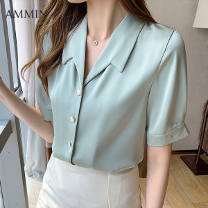 AMMIN 2021 Summer Short Sleeve Satin Workwear Shirt For Women Fashion Commuter Temperament Pure Color Thin Chiffon Top Casual All-match Blouse