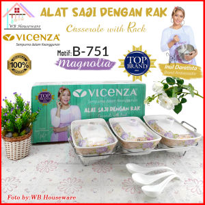 VICENZA wadah saji set isi 3 + rak motif mawar/ pemanas makanan / casserole food warmer keramik BA-751