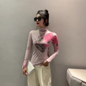 Ammin 2024 Áo Thun Hoa Cây định vị thời trang bán cổ cao đơn giản Mùa Xuân/mùa Hè cỡ lỡn phong cách Hàn Quốc nữ áo in graffiti Áo Blouse thanh lịch tay phồng lưới thường ngày