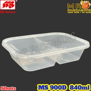 MS 900D 2 Compartment Container with LidDisposable Plastic PP Lunch Rectangular Food Box - Bento Bekas Makana Plastik - 900 D MS VENTURE (50sets)