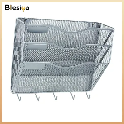 Blesiya Wall Mount File Document Organizer File Holder Save Space for Mail Pamphlets Notebooks 3 Tier with Hooks Sturdy Paper Folder