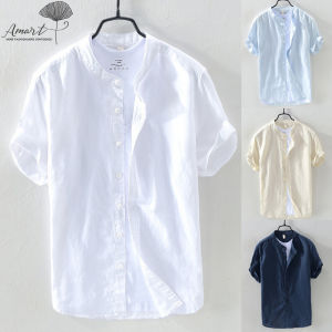 Amart Cotton Linen Mens Solid Color Stand Collar Single Breasted Short Sleeve Shirt Casual Men Shirts Summer T-Shirts