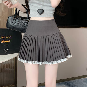 High Waist Pleated Skirt Women A Line Short Skirt with Lace Trim