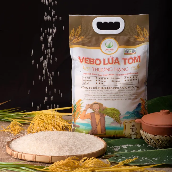 Gạo VEBO Lúa Tôm Thượng Hạng APG ECO Hữu Cơ, Mềm, Dẻo, Quy cách túi 5Kg