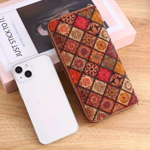Vegan Leather Long Wallet For WomenFloral Print Clutch Coin Purse Vintage Faux Wooden Credit Card and cellphone holder