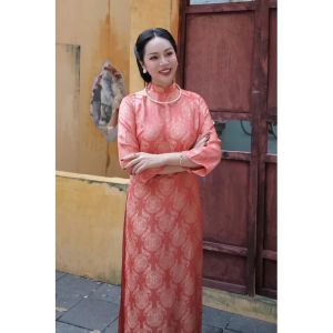 Áo dài gấm Thọ Rơi dáng suông tay loe trẻ trung mặc chụp ảnh sự kiện lễ tết_HT ÁO DÀI HÀ THÀNH