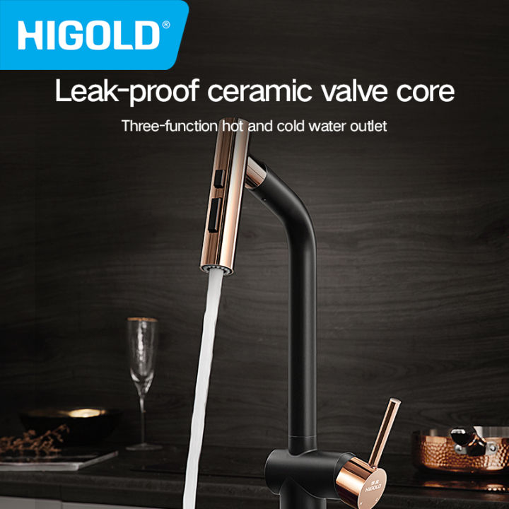HIGOLD Kitchen Faucet Cold Water Hot Water Faucet Gold Tap Pull Down Faucet Spray Rose Gold 304