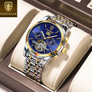 POEDAGAR automatic mechanical watch for men waterproof original luxury stainless steel tourbillon hollow date calendar watch blue