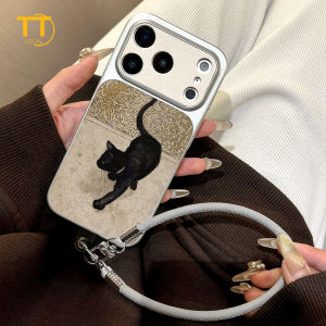 Tri-Town Black Cat Pattern Design Leather Phone Case For iPhone 11 16 17 15 14 13 12 Pro Max Cover with Phone Strap #EY28