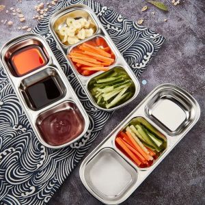 CHENJIE 2Pcs Thickened Seasoning Dish 2/3/4 Grid Stainless Steel Divided Dip Bowls Korean Style Dinner Plate ivided Seasoning Sauces Dip Bowl BBQ Tableware