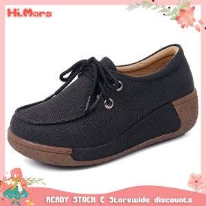 Korean Style Women Chunky Heel Platform Sneakers 5cm Thick Canvas Casual Shoes Black Wedge Loafer Design Fashion Comfort Walking Shoes