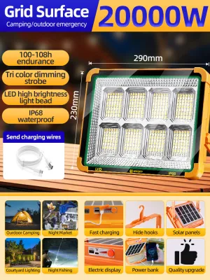 KKSKY ไฟโซล่าเซลล์ 8000W 20000W ไฟแคมป์ปิ้ง ไฟฉุกเฉิน led ไฟพกพาอเนกประสง Solar floodlight สปอตไลท์พกพา โซล่าเซลล์ สว่างมาก กันน้ำ กันฟ้าผ่า