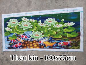 THÊU SẴN Tranh thêu chữ thập cửu ngư quần hội cá chép hoa sen MN0203 160*75cm thêu kín