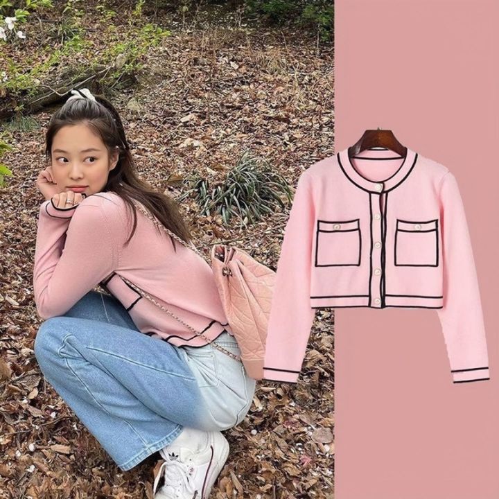 Blackpink Jennie Similar Fashion Ins Women Knitwear Knitted O Neck Single Breasted Plain Cardigan Sweater Long Sleeved Lazada