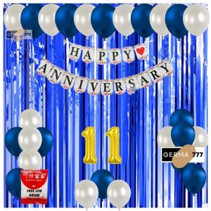 Set Dekorasi Pesta Balon Ulang Tahun Pernikahan Banner Happy Anniversary Putih Tirai Biru Tua