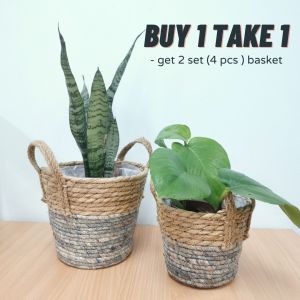 Plant Basket in Rattan seagrass for Indoor Plants in Blue color with Handle 1 set (1 Medium and 1 Small basket)