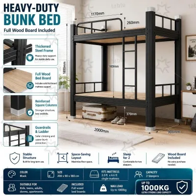 Table Trove.PH Heavy Duty Metal Loft Bed with Solid Wood Board Space Saving Black Bed Frame for Condo