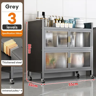 Rak Kabinet Dapur Kitchen Cabinet Rack Microwave Oven Cabinet Kitchen Storage Racks Shelf with Doors & Wheels