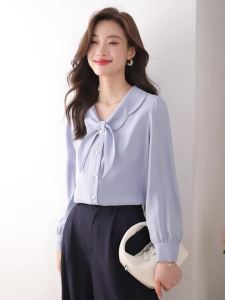 Ammin thời trang phong cách Hàn Quốc Áo voan dài tay nữ thanh lịch áo ống tay phồng đi làm thoải mái rộng mùa xuân và mùa thu 2024 Nơ dễ phối