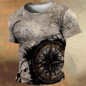 Vintage Mens T-Shirt Summer Compass Printed T-Shirt Tops Casual Short-Sleeve Tees Daily Mens Clothing Oversized Streetwear