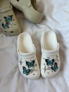 [Free Shipping] Sweet And Cool Blue Butterfly Cloud-Patterned Platform Clogs For Women 5Cm Height-Increasing EVA Closed-Toe Sandals Suitable For Outdoor Wear Beach And As Casual Sandals