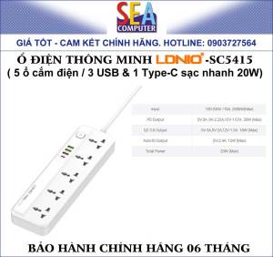 Ổ cắm điện thông minh LDNIO 5 ổ điện 4 USB 20w cáp 2m - SC5415