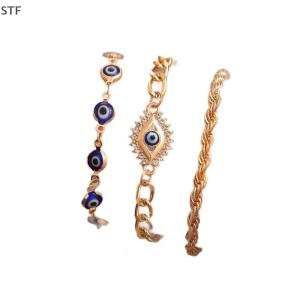 STF ชุดสร้อยข้อมือดวงตาสีฟ้าชั่วร้ายไก่งวงนำโชค3ชิ้นชุดสายรัดข้อมือโลหะแบบวางซ้อนได้สำหรับเครื่องประดับชายหญิงของขวัญสร้อยข้อมือตาชั่วร้าย